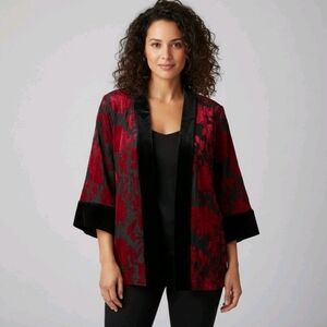 Chicos Travelers XL Red Black Floral Burnout Velvet Kimono Jacket Whimsigoth